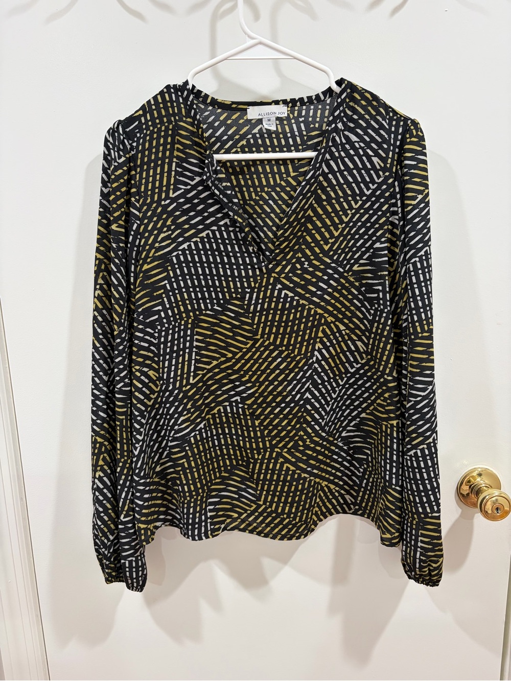 Allison Joy Black Olive & White Geometric V-Neck Blouse
